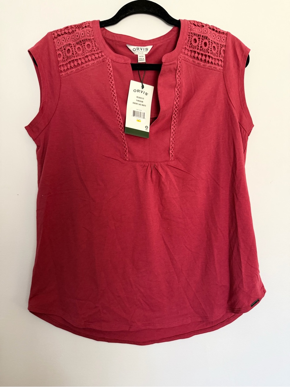 Orvis Women's Anna V-Neck Top with Crochet Lace Insets, Dusty Red, Size S NEW